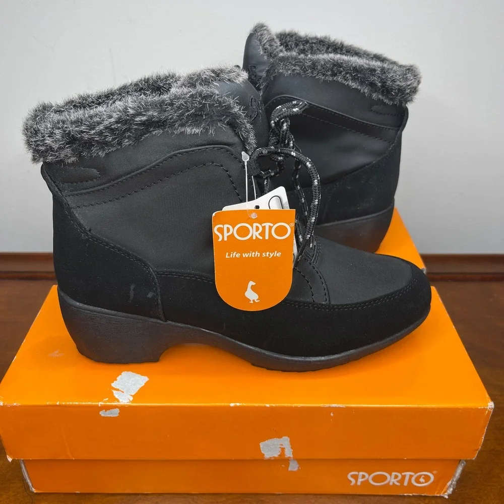Sporto Lilian Womens Black Lace Up Ankle Boots Faux‎ Fur Trim Size 7M New In Box